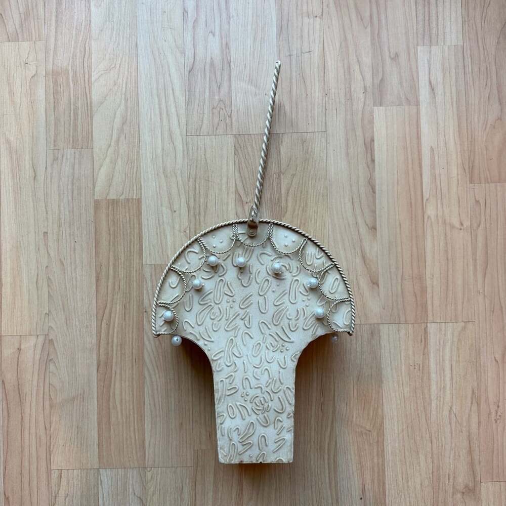 Vintage Metal Baguette Holder French Bread Wall Basket Wall Pocket Faux Pearls